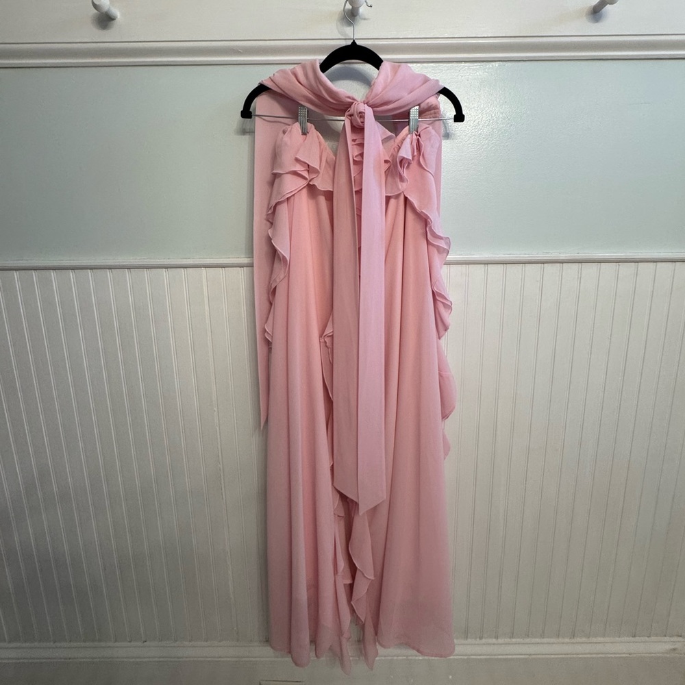 Lucy in the Sky Pink Chiffon Maxi Size Medium Baby Shower Dress Backless Flower - Picture 4 of 7